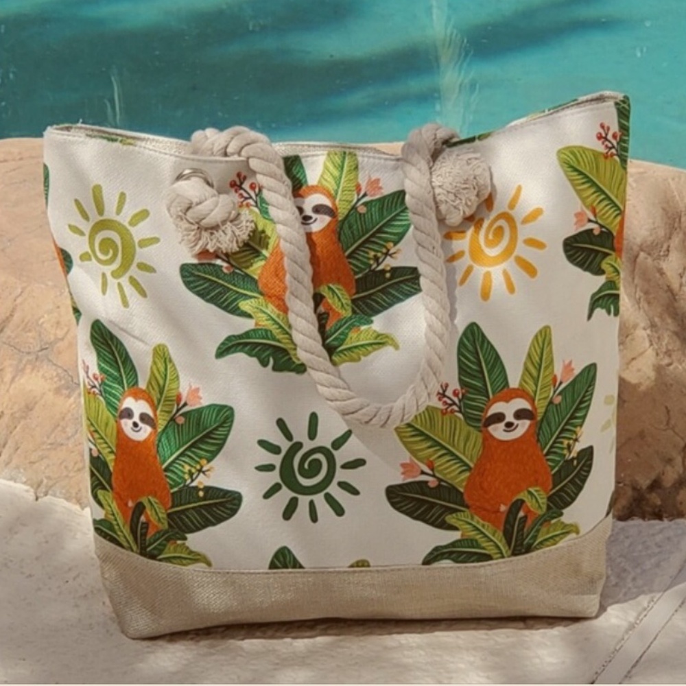 NWT Tropical Sloth 100% Canvas Beach Tote Bag